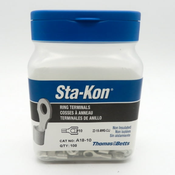100 Pack Thomas & Betts Sta-Kon A18-10 22-19 AWG Non-Insulated Ring Terminals