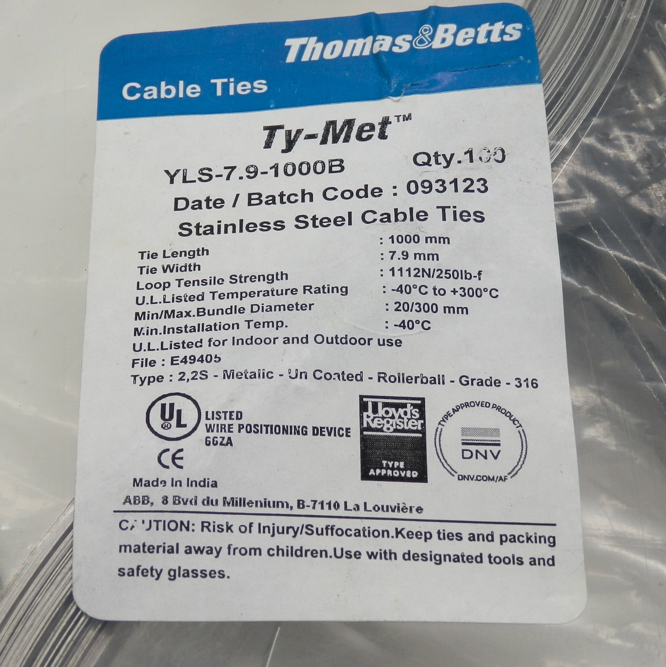 Thomas & Betts Metallic 316 Stainless Steel 100Pack Cable Ties YLS-7.9 ...