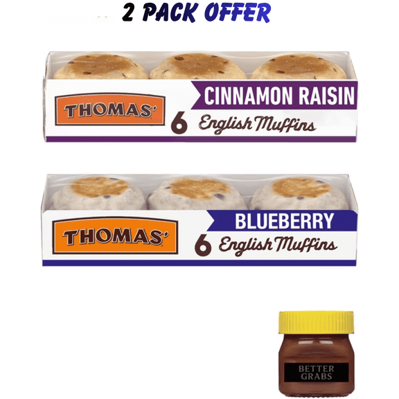 Thomas' Cinnamon Raisin English Muffin, 6 count, English Muffins, 13 oz Tray | Thomas' Blueberry English Muffins, 6 count, Kosher Biscuits, 13 oz Tray