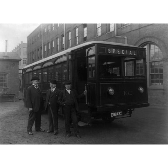 Thomas Edison. Namerican Inventor. Photographed With Two Men Standing Outside Of A Bus In New York City