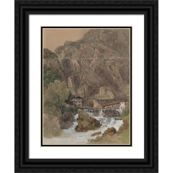 Thomas Ender 19x24 Black Ornate Framed Double Matted Museum Art Print Titled: Weir System with Water Wheels and Tower