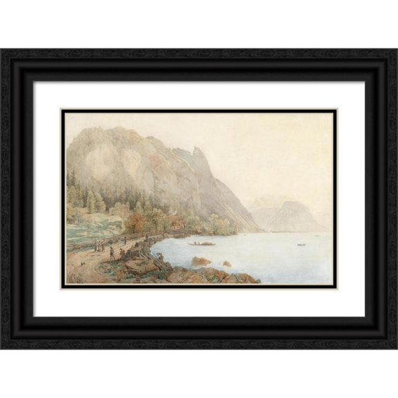 Thomas Ender 24x17 Black Ornate Framed Double Matted Museum Art Print Titled: Motif from the Attersee with the Hell Mountains and Figurative Staffage