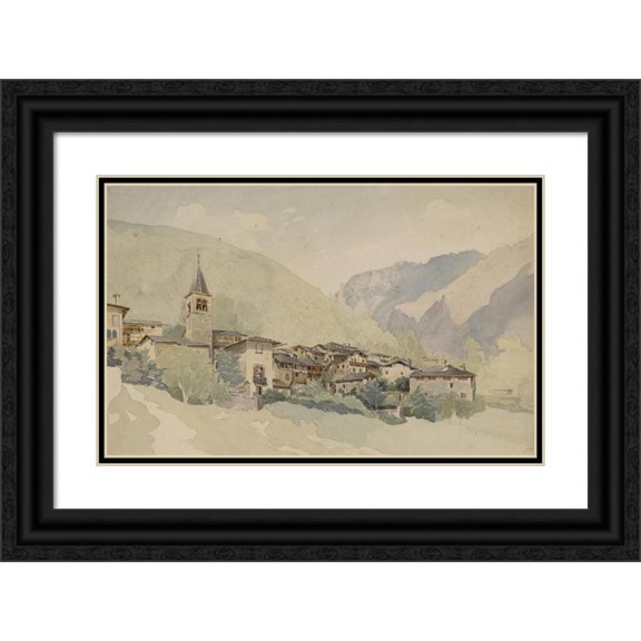 Thomas Ender 24x17 Black Ornate Framed Double Matted Museum Art Print Titled: Village in a Mountain Landscape