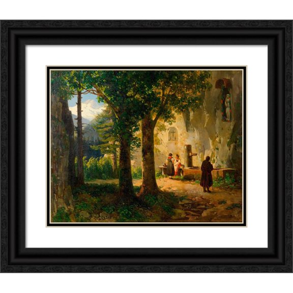 Thomas Ender 24x20 Black Ornate Framed Double Matted Museum Art Print Titled: Devoter at a Healing Source (Landscape with Fountain) (Approx. 1850)