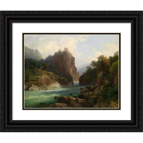Thomas Ender 24x20 Black Ornate Framed Double Matted Museum Art Print Titled: View of the Zenoburg Near Merano (C1845)