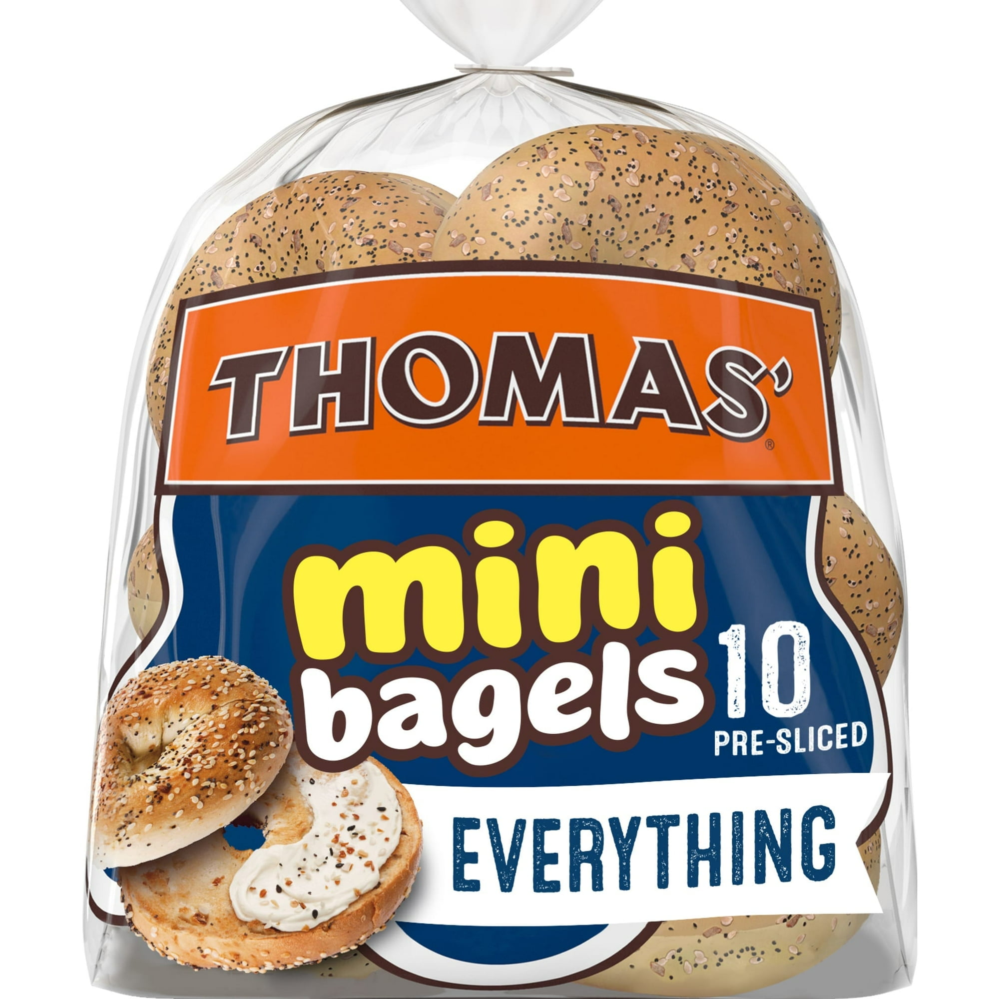 Thomas' Everything Mini Bagels, 10 count, Pre-sliced Bagels, 15 oz Bag (1 Pack)