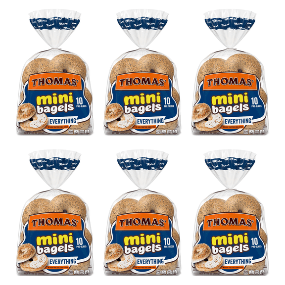 Thomas' Everything Mini Bagels, 10 Count per Pack (Pack of 6) Pre-Sliced, Savory Bagels with Classic Everything Seasoning, No High-Fructose Corn Syrup