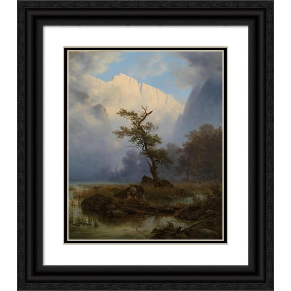 Thomas Fearnley 15x18 Black Ornate Wood Framed Double Matted Museum Art Print Titled - Duck-Shooting an Autum Morning by Konigssee (1835)
