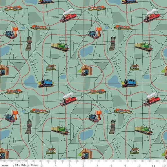 Thomas & Friends™ 80th Anniversary Map Green Cotton Fabric (1 yard)
