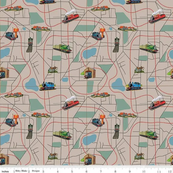 Thomas & Friends™ 80th Anniversary Map Pewter Cotton Fabric (1 yard)