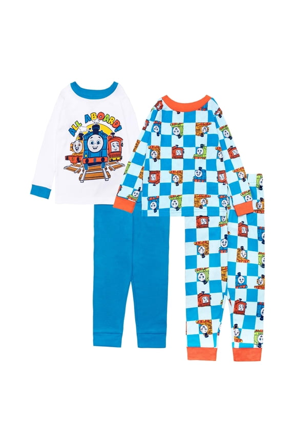 Boys' 4-Piece Matching Long-Sleeve Cotton Pajama Set, Snug-fit, Soft & Cute for Kids