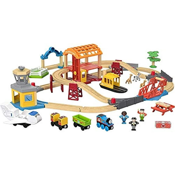 Thomas & Friends Wood Busy Island Set, Toy Train Set with 40+ Pieces, Including Track, 5 Characters, poseable Figures and 3 Destinations