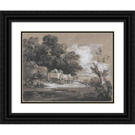 Thomas Gainsborough 14x12 Black Ornate Wood Framed Double Matted Museum Art Print Titled: Wooded Landscape with Country Cart and Figures
