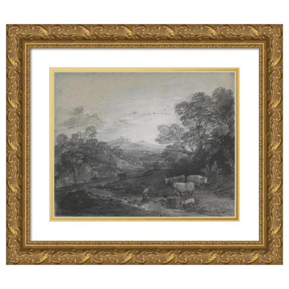Thomas Gainsborough 14x12 Gold Ornate Wood Frame and Double Matted Museum Art Print Titled - Wooded Landscape with Herdsmen and Cattle, Buildings on a Hill, and Rustic Lovers (ca. 1770)