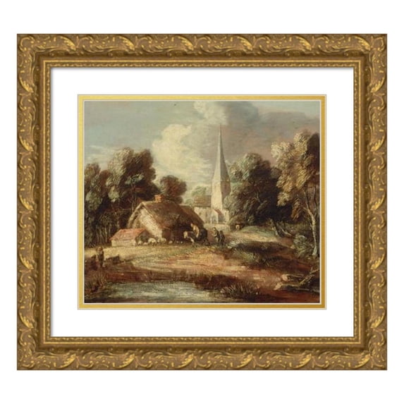 Thomas Gainsborough 17x15 Gold Ornate Wood Frame and Double Matted Museum Art Print Titled - Landscape with Cottage and Church