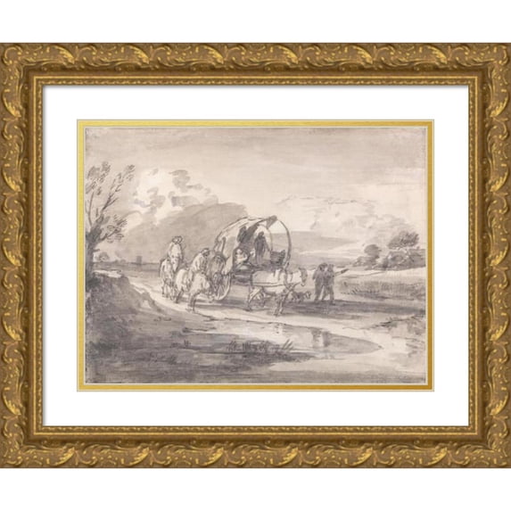 Thomas Gainsborough 18x15 Gold Ornate Wood Frame and Double Matted Museum Art Print Titled - Open Landscape with Horsemen and Covered Cart (Between 1780 and 1788)