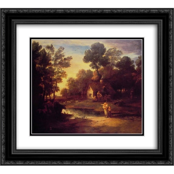 Thomas Gainsborough 2x Matted 24x20 Black Ornate Framed Art Print 'Wooded Landscape with Cattle by a Pool and a Cottage at Evening'