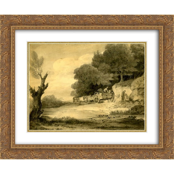 Thomas Gainsborough 2x Matted 24x20 Gold Ornate Framed Art Print 'Figures with cart at roadside'