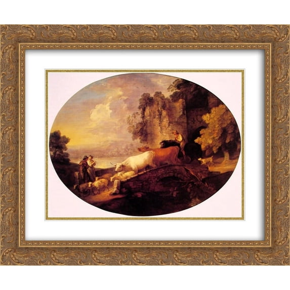 Thomas Gainsborough 2x Matted 24x20 Gold Ornate Framed Art Print 'River Landscape with Rustic Lovers'