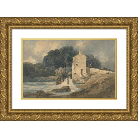 Thomas Girtin 18x13 Gold Ornate Wood Frame and Double Matted Museum Art Print Titled - The Abbey Mill, Knaresborough (1801)
