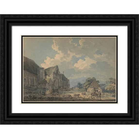 Thomas Girtin 24x18 Black Ornate Framed Double Matted Museum Art Print Titled: The Tithe Barn at Abbotsbury with the Abbey on the Hill (ca. 1795)