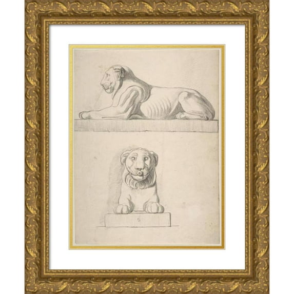 Thomas Hardwick 19x24 Gold Ornate Framed and Double Matted Museum Art Print Titled - Classical Sculpture of a Lion, Front and Side Views (1776-79)