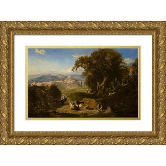 Thomas Hartley Cromek 18x13 Gold Ornate Wood Frame and Double Matted Museum Art Print Titled - A View of the Umbrian Campagna with Spoleto in the Distance and a Goatherd and His Flock in the