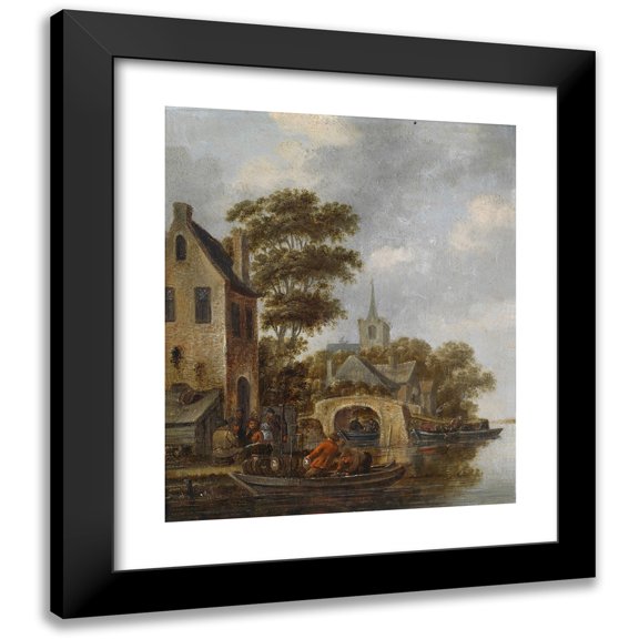 Thomas Heeremans 12x14 Black Modern Framed Museum Art Print Titled - River Landscape with a Ferryboat