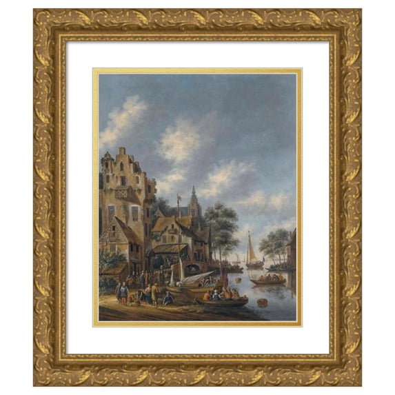 Thomas Heeremans 12x14 Gold Ornate Wood Frame and Double Matted Museum Art Print Titled - A Town on the Banks of a River with Figures at the Waterside (1686)