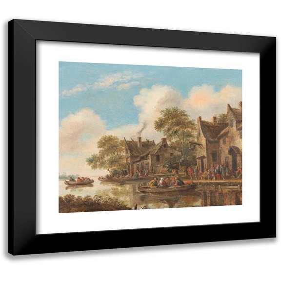 Thomas Heeremans 14x12 Black Modern Framed Museum Art Print Titled - River Landscape with Ferry Boats and a Tavern