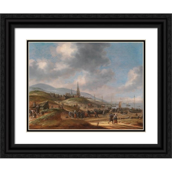 Thomas Heeremans 14x12 Black Ornate Wood Framed Double Matted Museum Art Print Titled: View of the Beach Near Scheveling (1678)