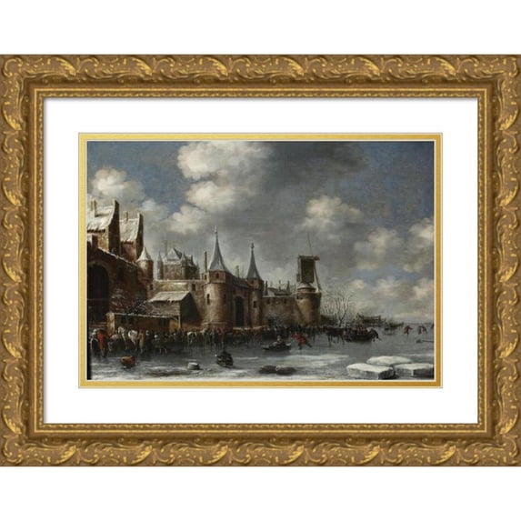 Thomas Heeremans 18x14 Gold Ornate Wood Frame and Double Matted Museum Art Print Titled - Skating by the City Walls (1677)