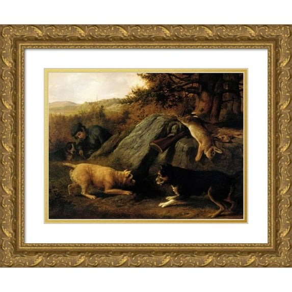 Thomas Hewes Hinckley 18x14 Gold Ornate Wood Frame and Double Matted Museum Art Print Titled - The Rabbit Hunters (1850)