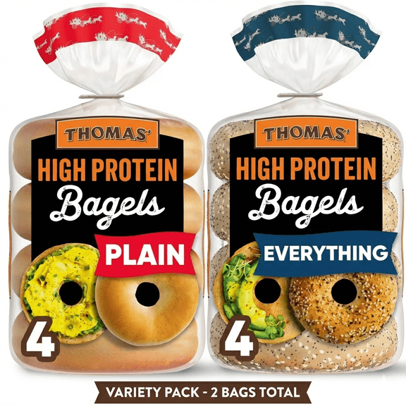 Thomas' High Protein Bagels Variety Pack, Plain & Everything, 8 Count Total, 21g Protein, Kosher, 31 oz