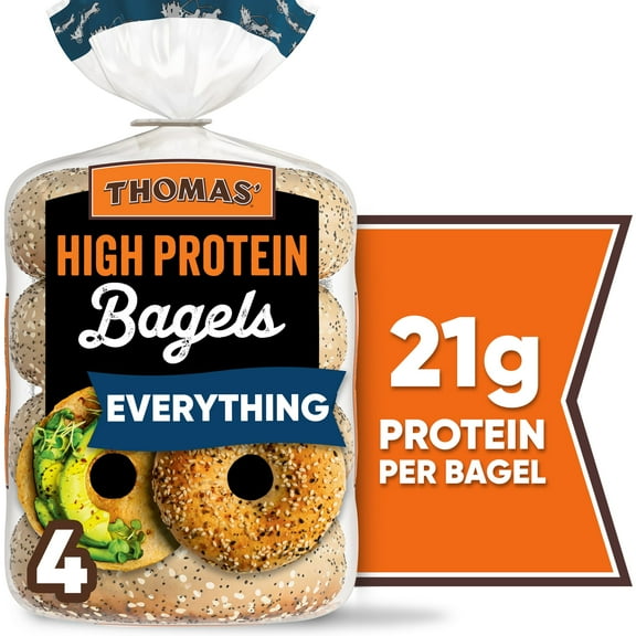 Thomas' High Protein Everything Bagels, 4 Count, 21g Protein, Kosher Bagels, 15.5 oz Bag