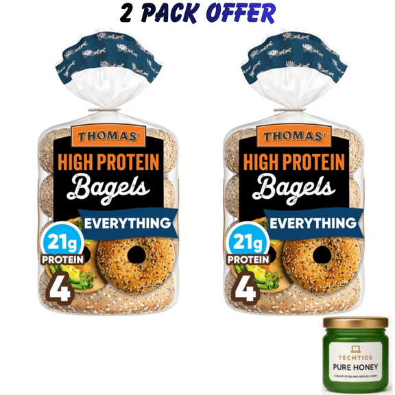 Thomas' High Protein Everything Bagels, 4 count, 21g Protein, Kosher Bagels, 15.5 oz