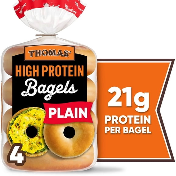 Thomas' High Protein Plain Bagels, 4 Count, 21g Protein, Kosher Bagels, 15.5 oz Bag (Pack of 1)