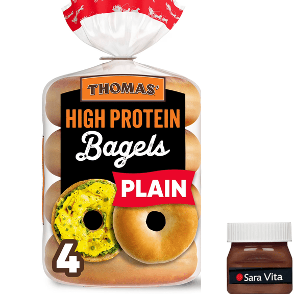 Thomas' High Protein Plain Bagels, 4 Count, 21g Protein, Kosher Bagels, 15.5 oz Bag