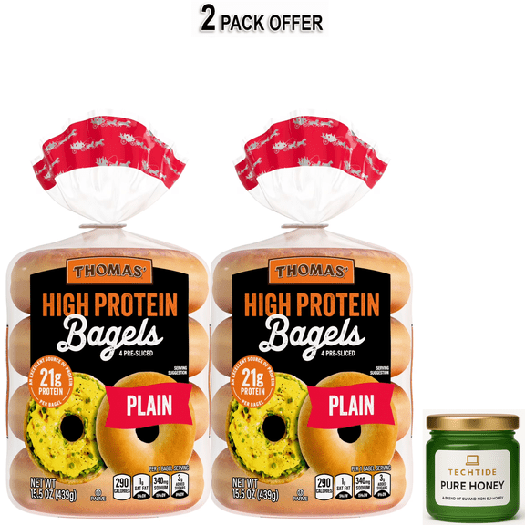 Thomas' High Protein Plain Bagels, 4 count, 21g Protein, Kosher Bagels, 15.5 oz
