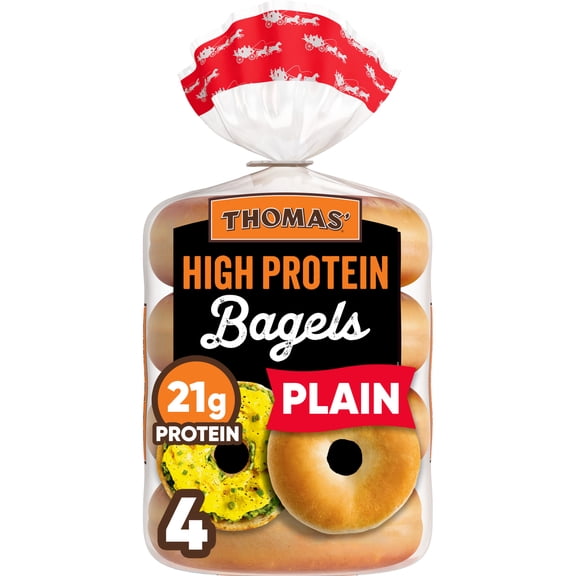 Thomas' High Protein Plain Bagels, 4 count, 21g Protein, Kosher Bagels, 15.5 oz Bag