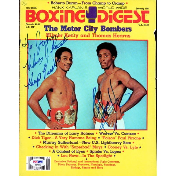 Thomas "Hit Man" Hearns & Hilmer Kenty Autographed Boxing Digest Magazine Cover "To John" PSA/DNA #S47592