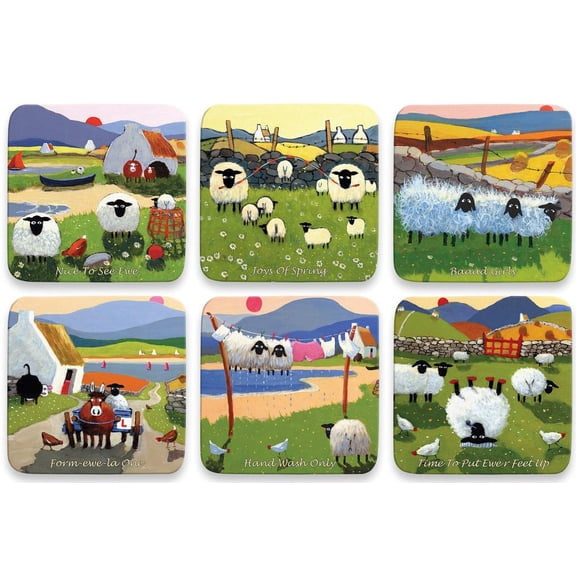 Thomas Joseph Set of 6 Coasters Cork Backed Irish Sheep Design, Gift Boxed (Set nr. 2)