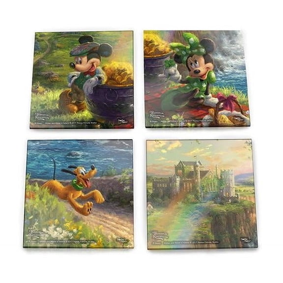 Thomas Kinkade Mickey & Minnie in Ireland StarFire Prints Glass Coaster Set