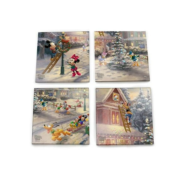 Thomas Kinkade Mickeys Victorian Christmas StarFire Prints Glass Coaster Set