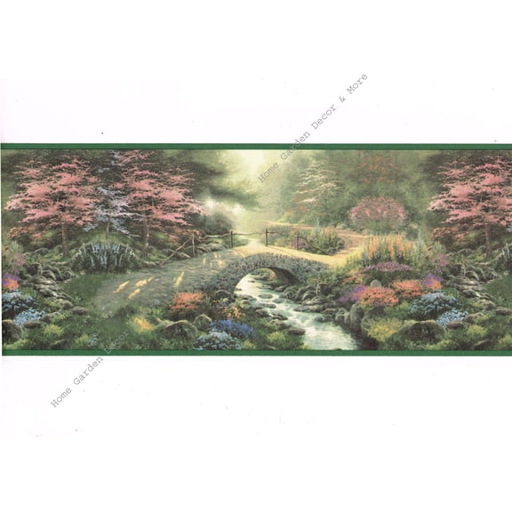 Thomas Kinkade Stone BRIDGE OF FAITH Landscape GREEN Trim Wall paper Border