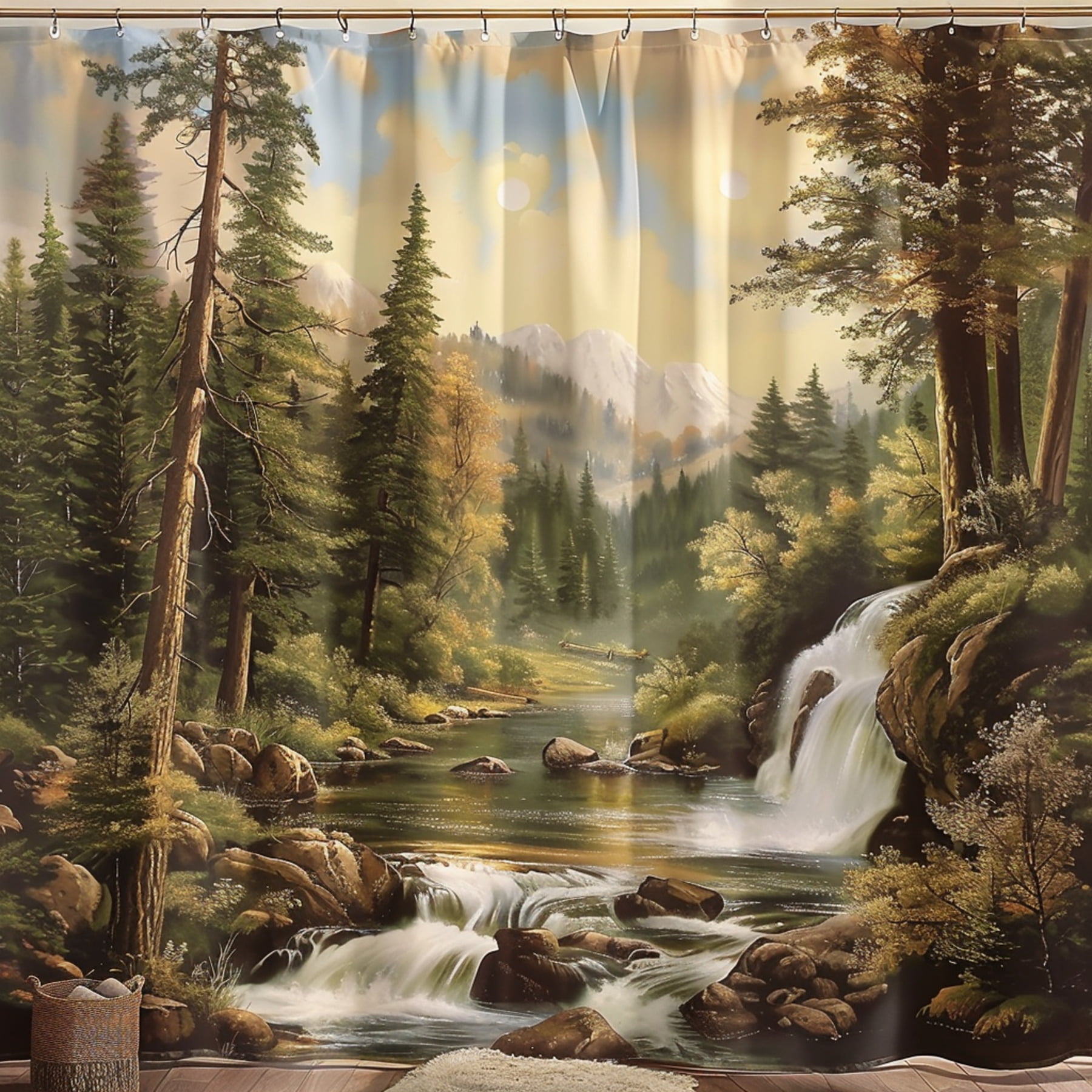 Thomas Kinkade Style NatureInspired Forest River Shower Curtain