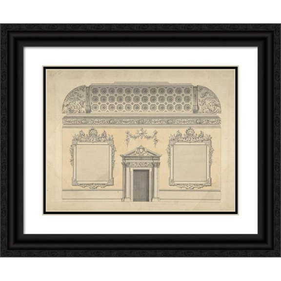 Thomas Lightoler 24x19 Black Ornate Framed Double Matted Museum Art Print Titled: Design for Section of a Rococo Room, with a Coved Ceiling and Ornamented Corinthian Doorway (ca. 1