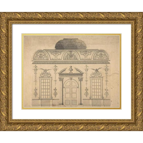 Thomas Lightoler 24x19 Gold Ornate Framed and Double Matted Museum Art Print Titled - Design for the Decoration of the Window Door Wall of a Rococo Room with a Coved Ceiling and Coved Centra