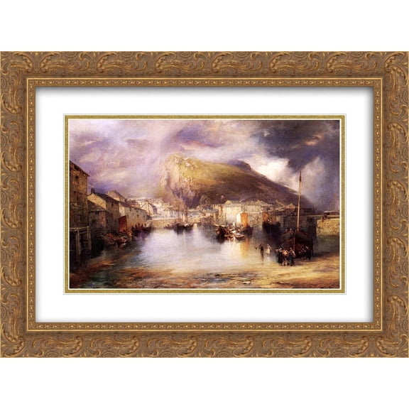 Thomas Moran 2x Matted 24x20 Gold Ornate Framed Art Print 'An English Fishing Village, Polperro, Cornwall'