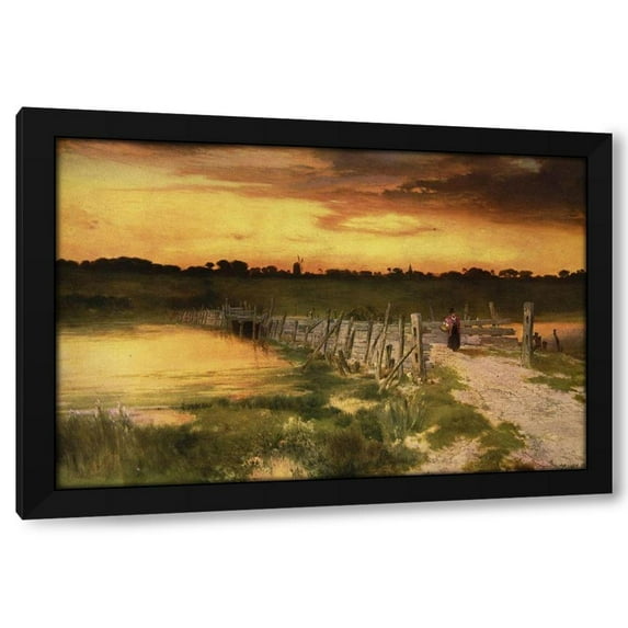 Thomas Moran 32x23 Black Modern Wood Framed Wall Art Titled - The Old Bridge Over Hook Pond, East Hampton, Long Island